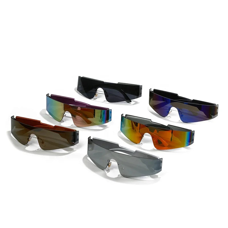 New Trendy Personality Custom Logo Punk Sports Sunglasses Colorful Fashion Cycling Shades Glasses One Piece Rimless Sunglasses