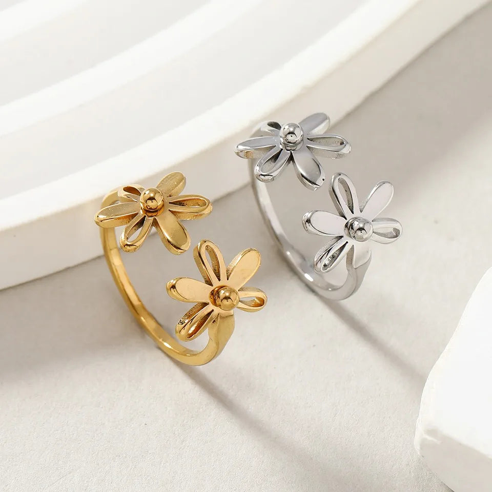 Fashion Titanium Steel Double Layer Flower Finger Ring for Women Adjustable Open Stainless Steel Jewelry Minimalist Gift