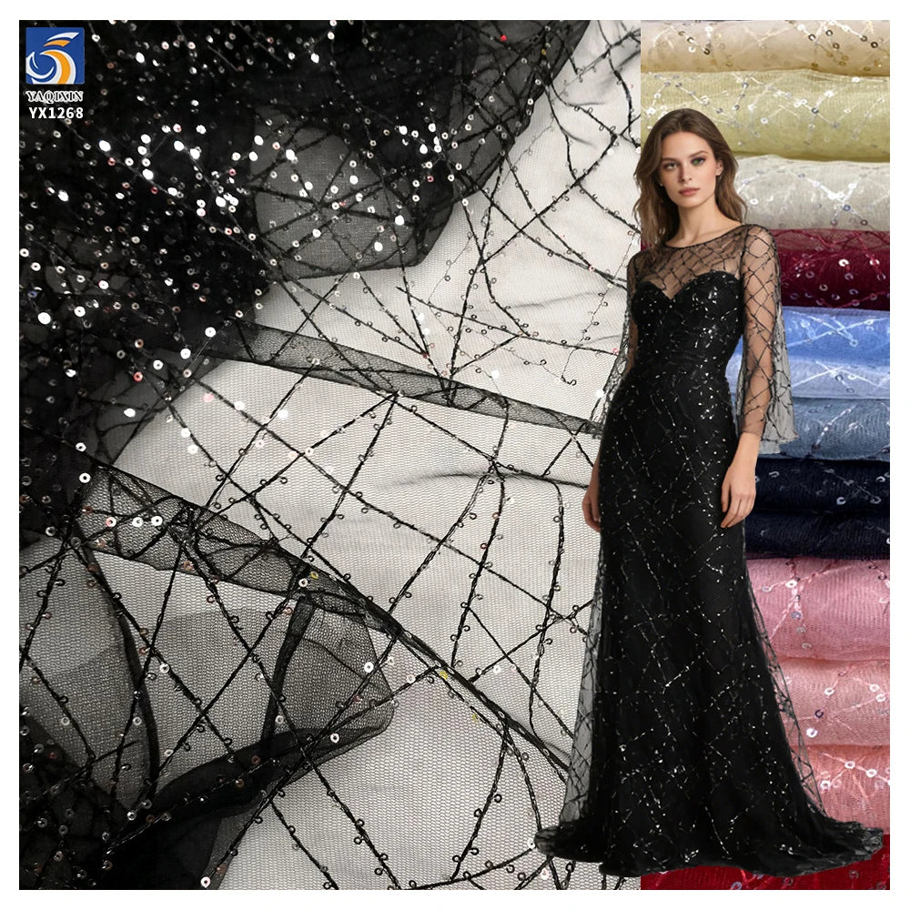 YX1268 2026 Customized 2 Yards Cross Embroidery 3MM Black Sequin Tulle Fabric for Dress Knitted Mesh Fabric With Sequins MegaBDM