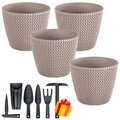 Set of 4 Prosperplast Splofy 5L round plastic flower pots in mocha color 21.8 x 18.4 cm + FREE set of 6 garden tools