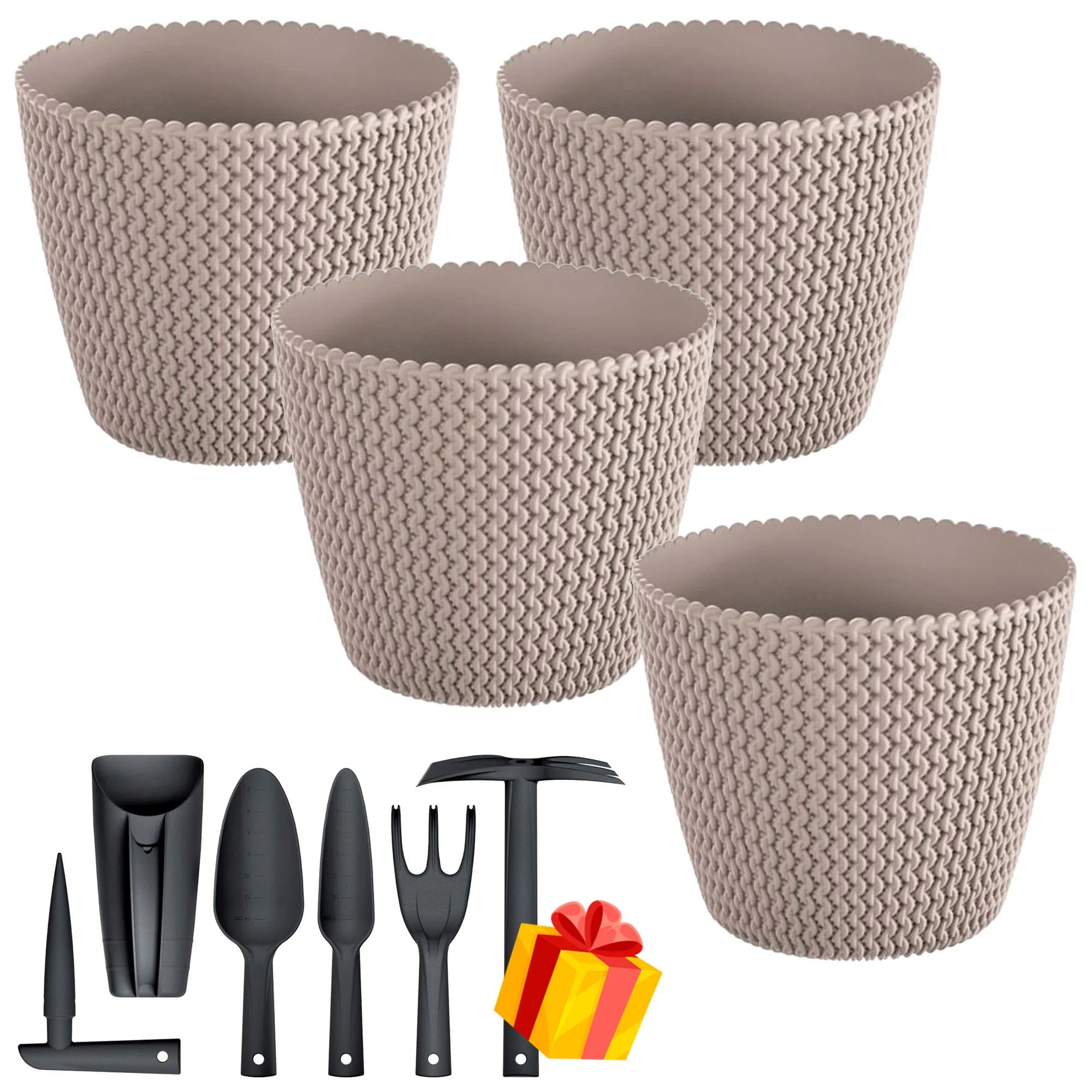 Set of 4 Prosperplast Splofy 5L round plastic flower pots in mocha color 21.8 x 18.4 cm + FREE set of 6 garden tools