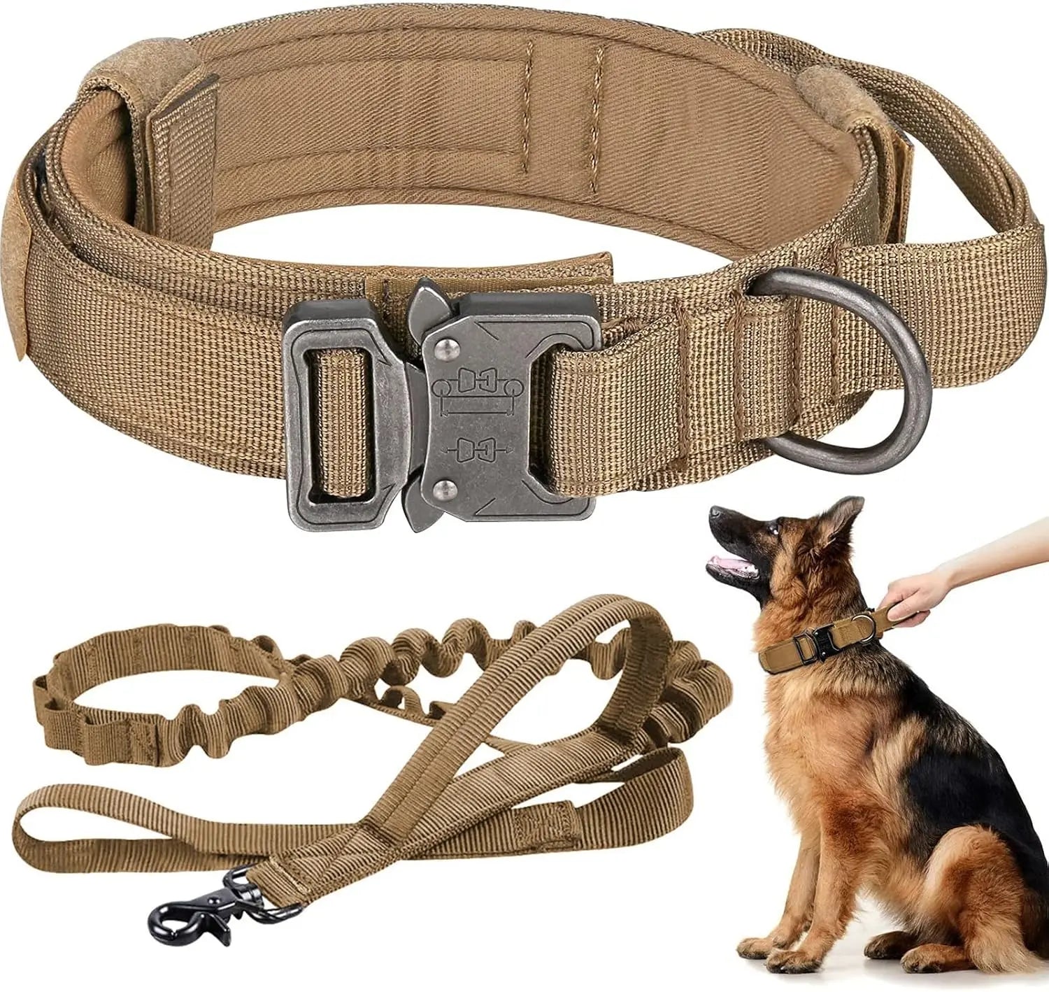Adjustable Tactical Dog Collar Quick Release and Bungee Leash with Heavy Duty Metal Buckle & Handle