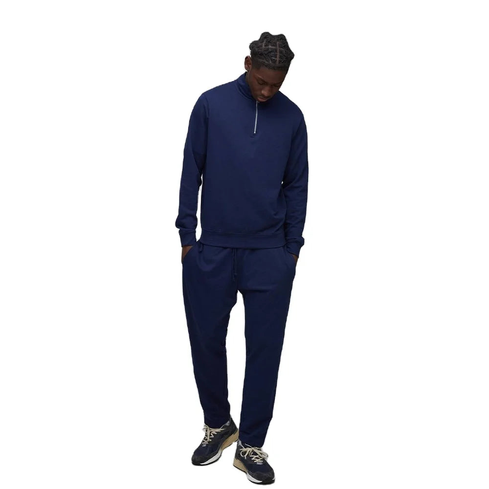 Navy Blue Winter Printed Minimalist Two-Piece Streetwear Set Custom Logo Quarter-Zip Sweatshirt Hooded Coordinated Jogger