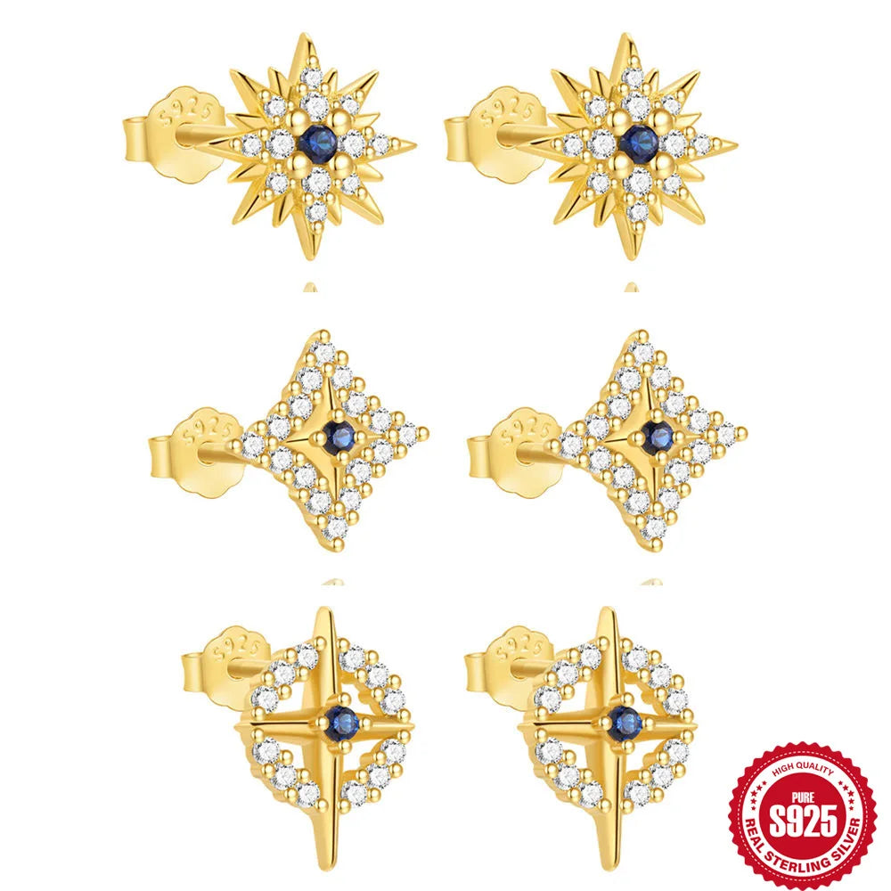 Boasta Fashion 925 Sterling Silver Blue Zircon Star Stud Earrings 18K Gold Plating Trendy Hypoallergenic Jewelry for Women Lady