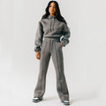Women's Winter Two-Piece Short Casual Suit Oversized Half-Zip Sweatshirt Wide-Leg Sweatpants Breathable Plaid Pattern Tracksuits