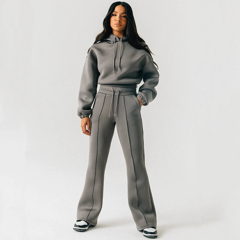 Women's Winter Two-Piece Short Casual Suit Oversized Half-Zip Sweatshirt Wide-Leg Sweatpants Breathable Plaid Pattern Tracksuits