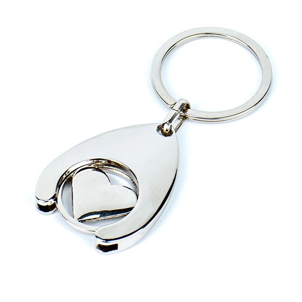 Laser Engraved Shopping Cart Keychain Token Coin With Hollow Logo Metal Trolley Coin Key Ring for UK Europe Convenience Shopping