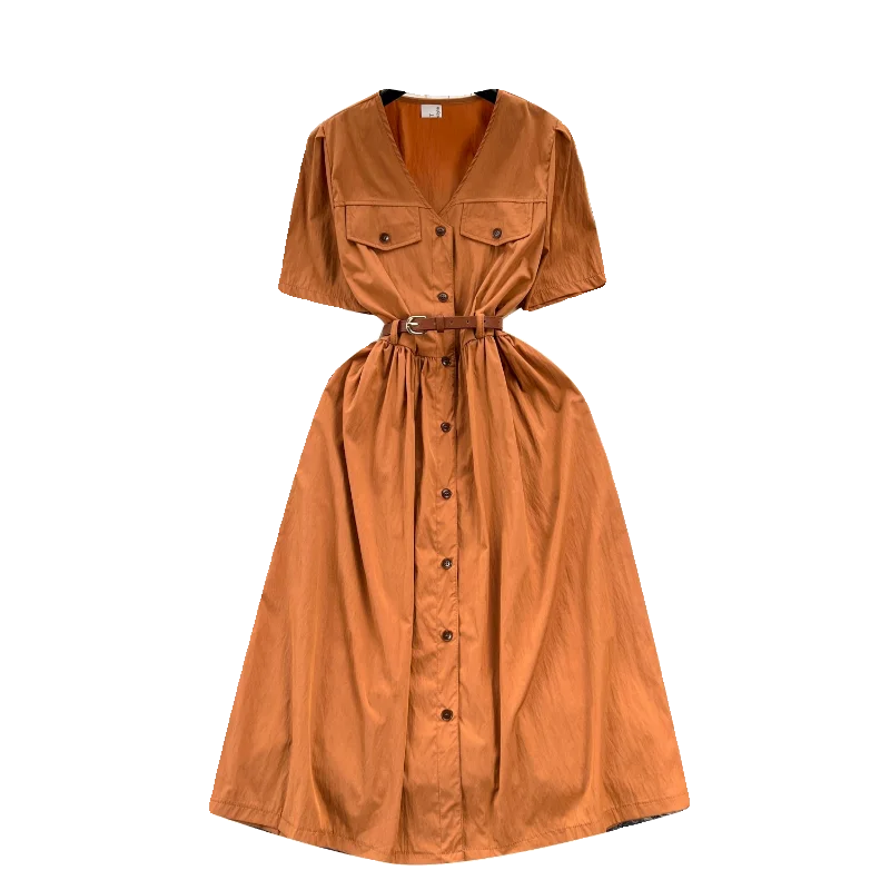 Summer Vintage Shirt Midi Dress for Women Short Sleeve Empire Pockets Lace Dress