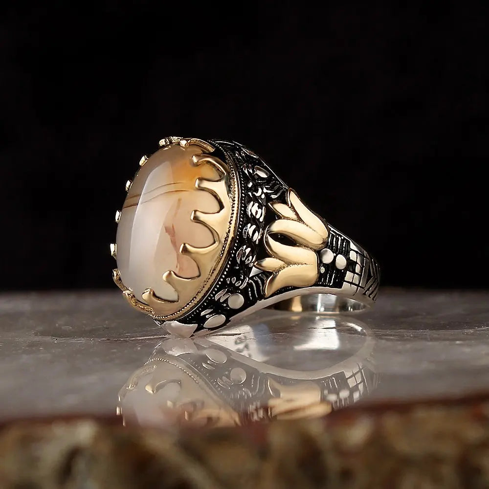 Men's Luxury 925 Sterling Silver Ring Detailed with Yemen Agate for Wedding Engagement Party Gift Made in Turkey