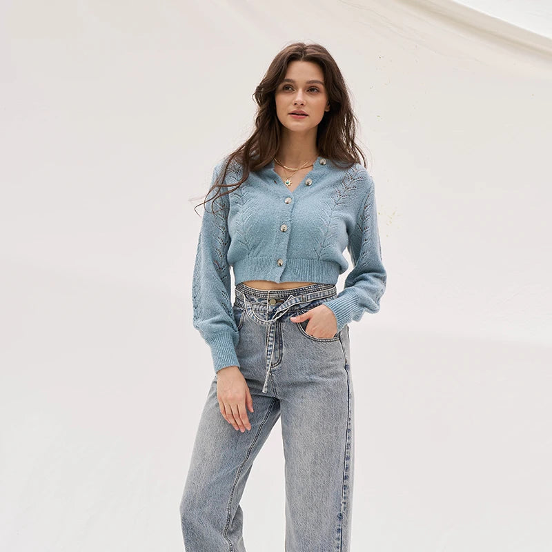 Elegant Women Blue Boho Romantic Warm Jacket Casual Ladies Comfort Cardigan Knit Drop Shoulder Cardigan