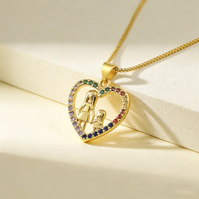 QIKU Heart Shape Mother and Daughter Colorful Crystal Pendant Women Necklace Copper Zircon Jewelry Accessories Mother's Day Gift