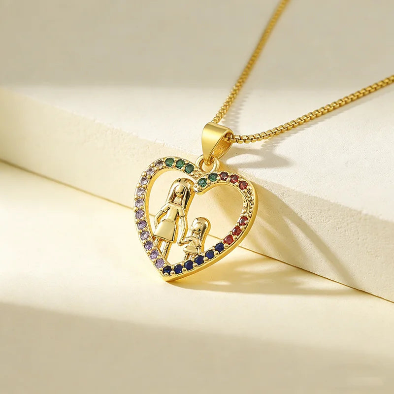 QIKU Heart Shape Mother and Daughter Colorful Crystal Pendant Women Necklace Copper Zircon Jewelry Accessories Mother's Day Gift