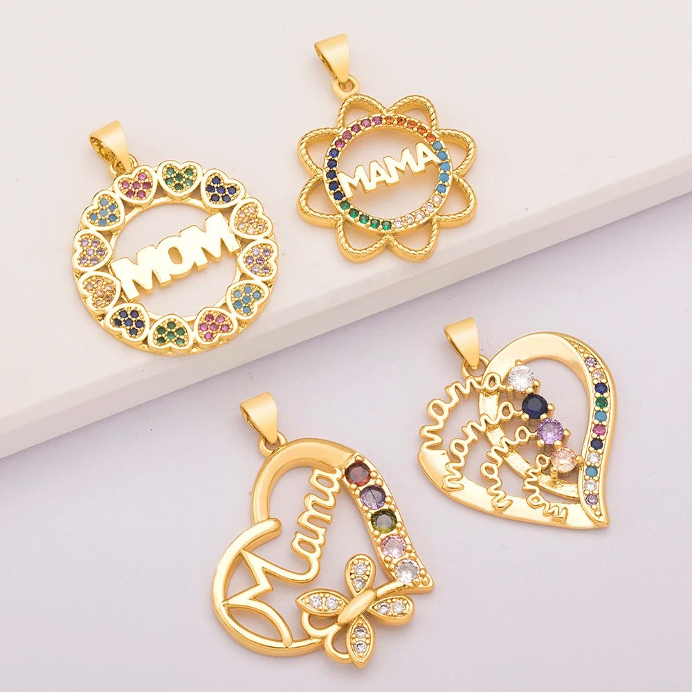 QIKU Wholesale 18K Gold Plated Copper MOM Pendant Charms for Necklace Jewelry DIY Zircon Making Supplies