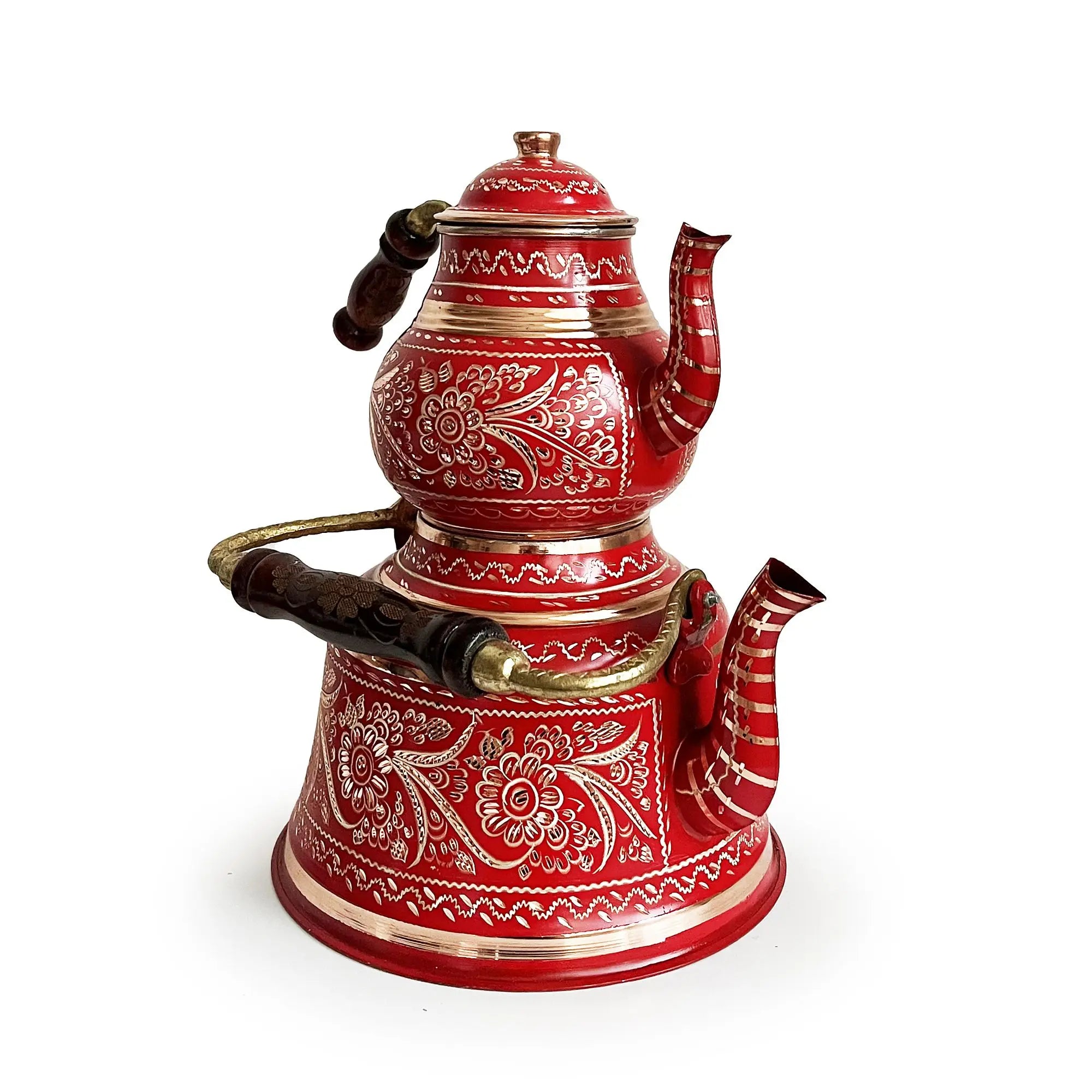 Shark Anatolia Erzincan Elegant Arab Classic Traditional Handcrafted Red Colored Copper 1000ml Eco-Friendly Teapot Set for 10
