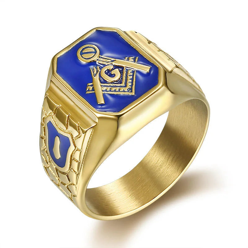 OAHLAN 18K Gold Plated Freemason AG Pattern Stainless Steel Ring Hiphop Fashion Jewelry for Men Anniversary Wholesale
