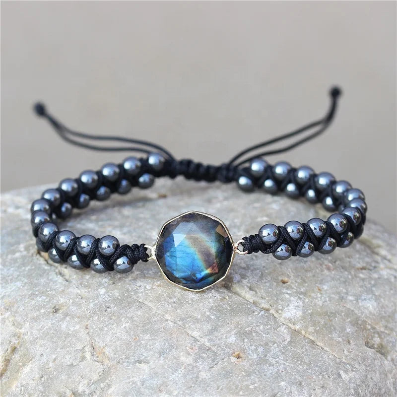 Bohemian Natural Stone Hematite Labradorite Beads Braided Bracelet Women Handmade Couples Cuff Bracelet Lovers Jewelry Wholesale