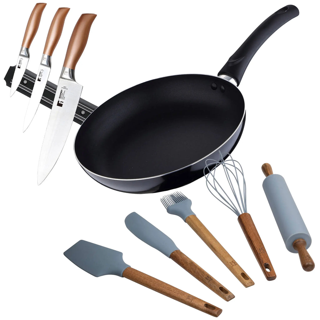 PIXEL Chef Sauce Pan Set (24x4.5cm) + 3 Stainless Steel Knives with Magnetic Holder + 5 Silicone Kitchen Utensils