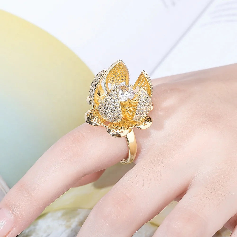 Luxury Hiphop Open Close Flower Rotating Adjustable Rings Lab Created Zircon Brass Gold Plated Women Wreath Wedding Engagement