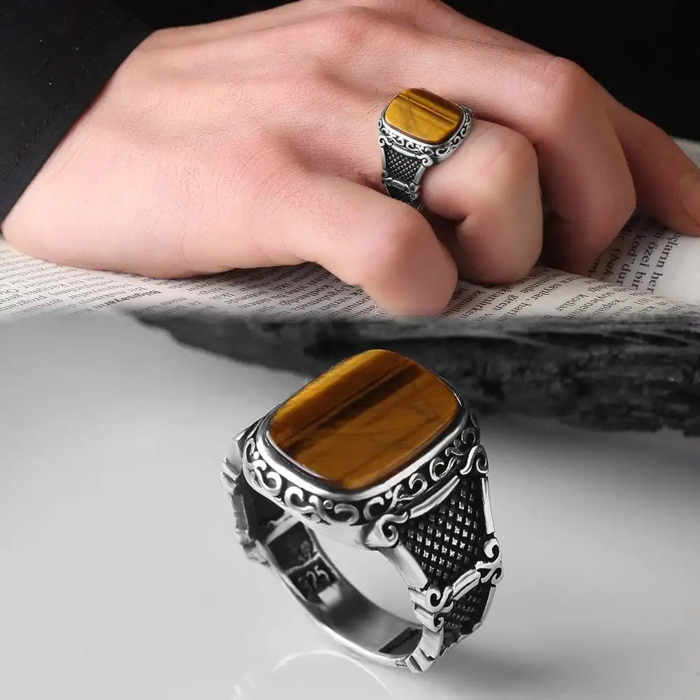 Wholesale Azuris VALKH1113 925 Sterling Silver Ottoman Style Men's Ring Natural Stone Agate Handmade in Turkey