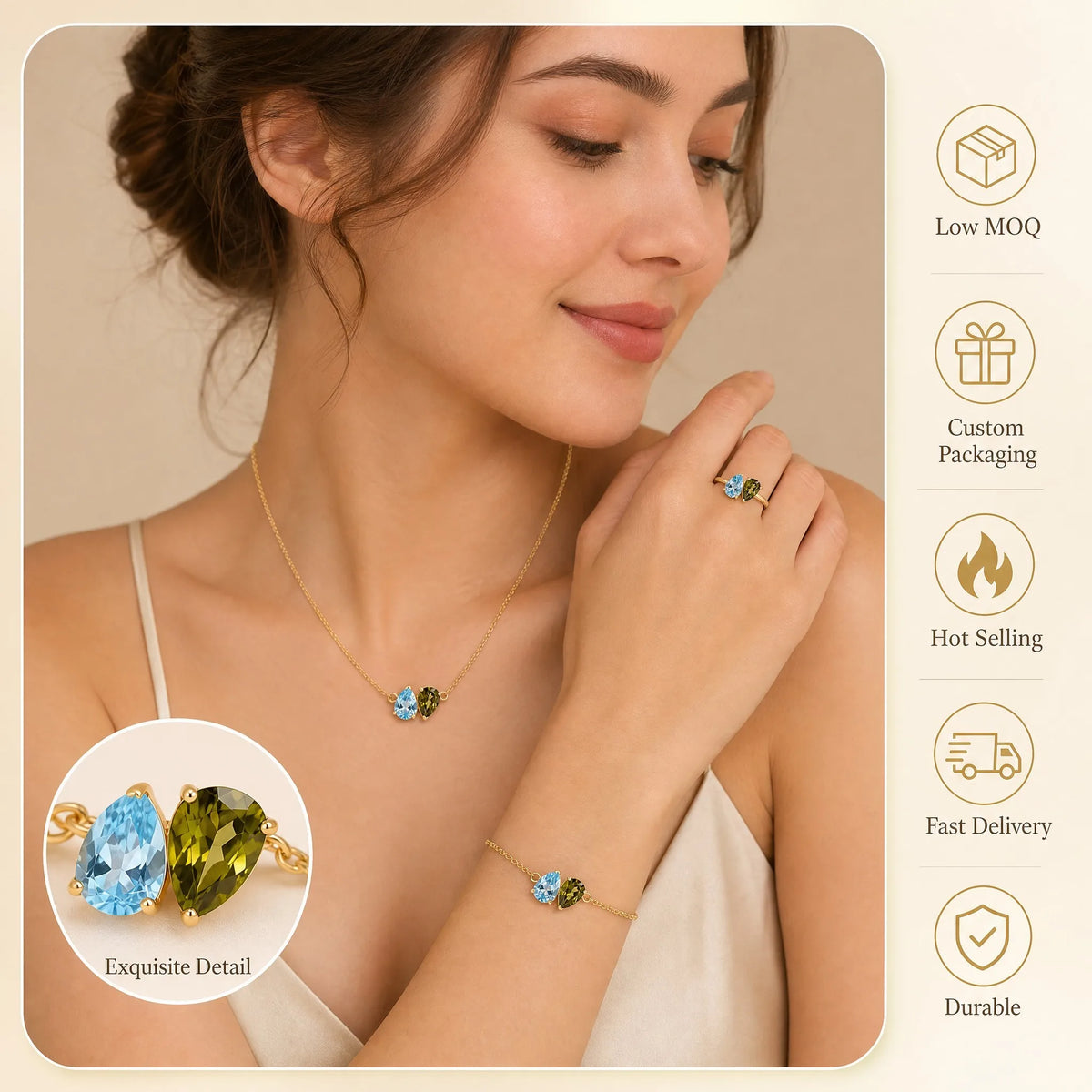 18K Gold Plated Stainless Steel Pear Cut Crystal Jewelry Set Two Tone Gemstone Necklace Bracelet Ring for Women Wholesale MegaBDM