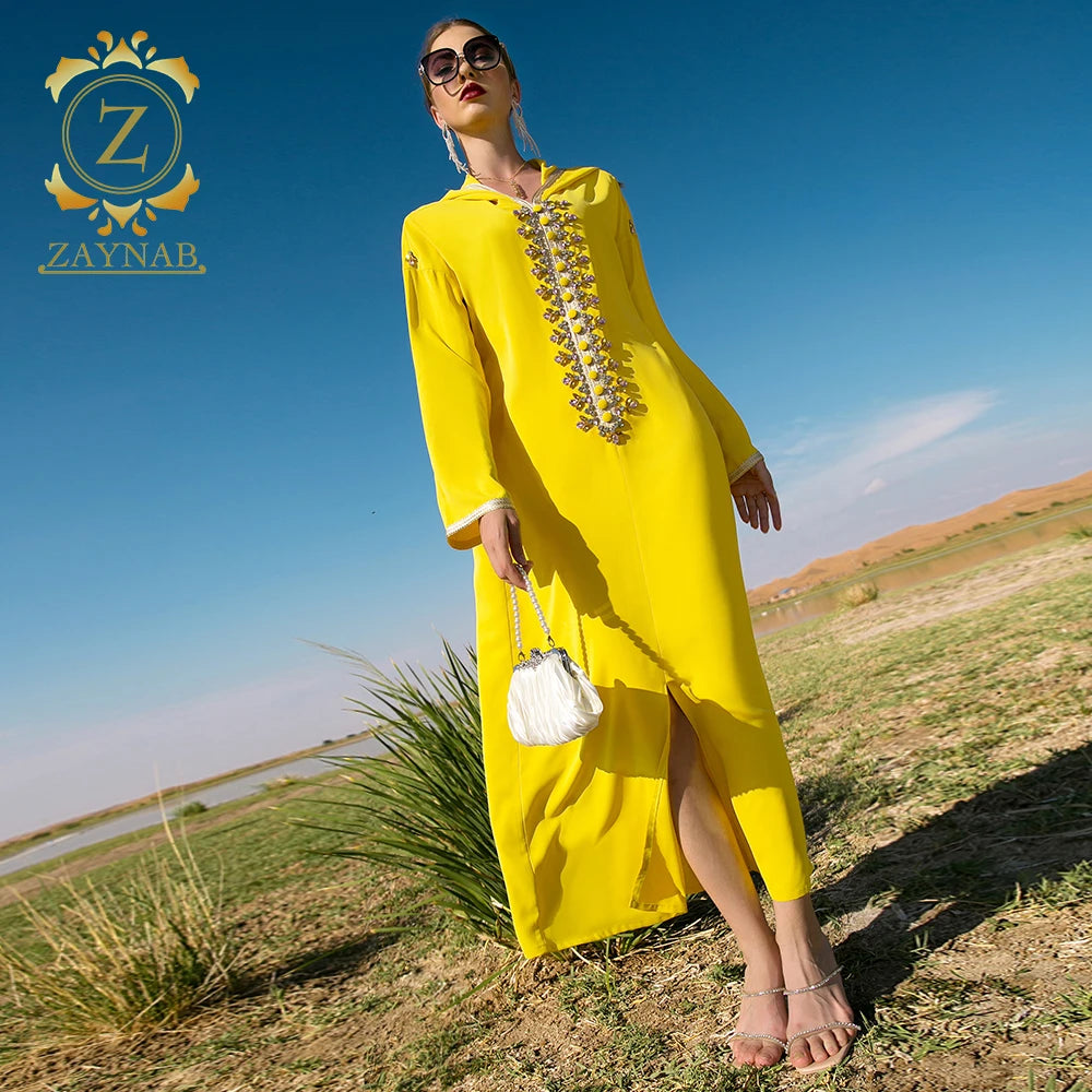 Zaynab Fancy Chiffon Slim Modern Dubai Turkey Designs Yellow in Pakistan Muslim Women Dress Abaya Islamic Clothing Hijab Dresses