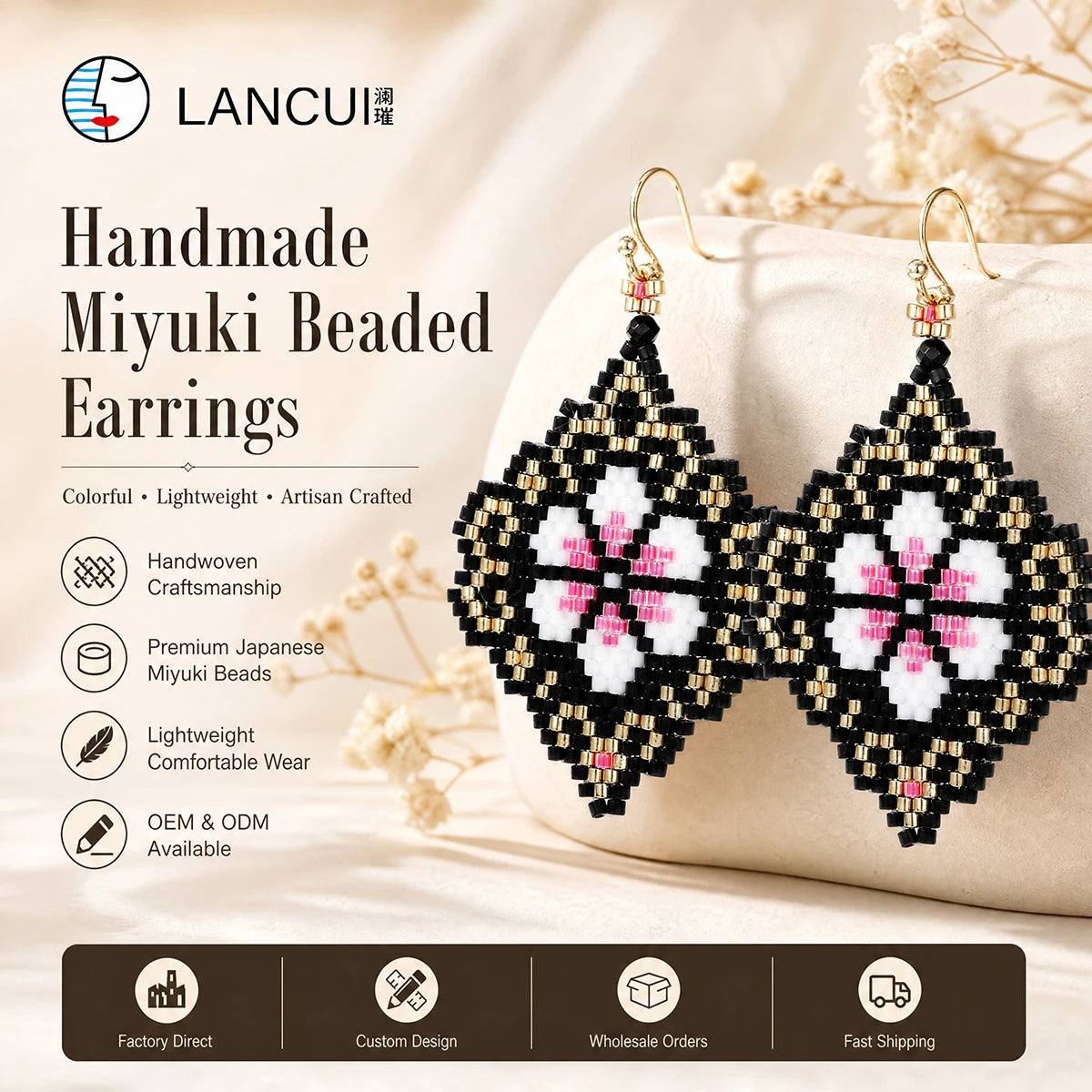 Tribal Ethnic Fancy Trendy Geometric Black Pink Cherry Blossom Seed Beads Big Stud Flower Earrings