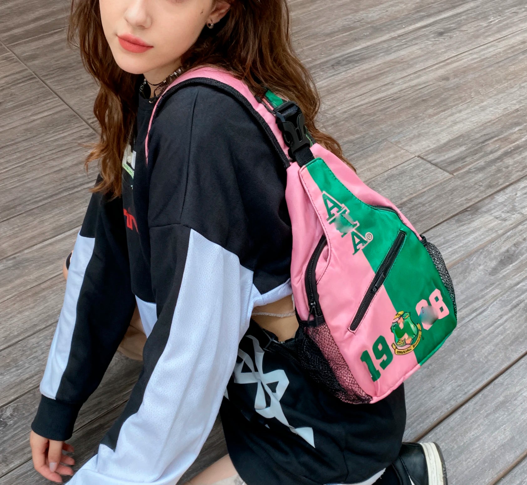 Pink AK Greek Letters Crossbody Chest Sling Bag Sorority Women's Chest Crossbody Backpack for Pretty Girls