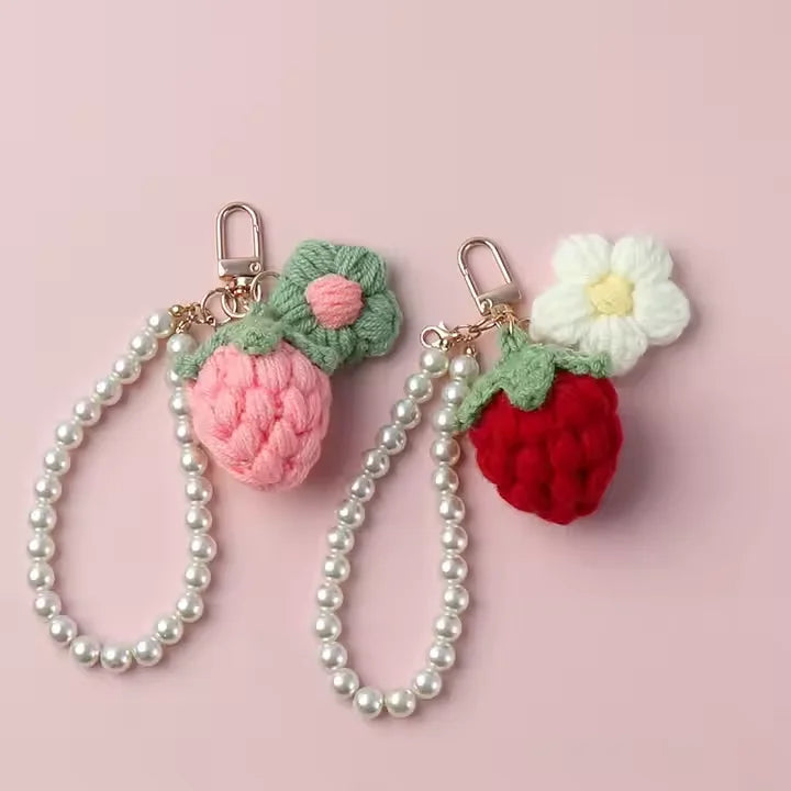 Crochet Amigurumi Knitting Toys Flower Pearl Strawberry Keychain Pearl Bracelet Fruit Crochet Strawberry Keychain Charms Jewelry