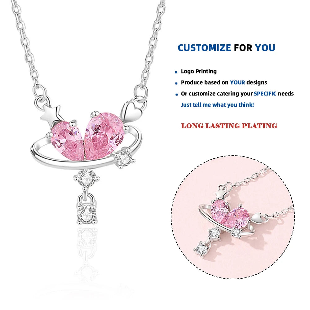 FDXZ-181 Luxury Sweet love Necklace Women pink Zircon Sterling Silver Heart Star Pendant 925 Sterling Silver Jewelry