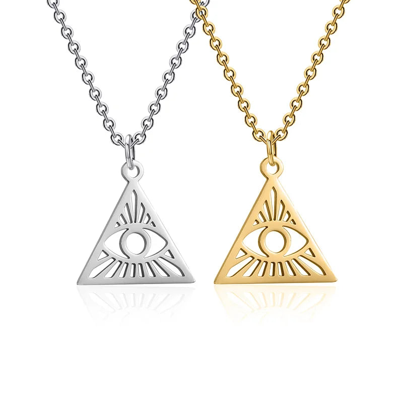 Non Tranish 18K Gold Triangle Eye Pendant Necklace for Women Girls Fashion Cut Out All Seeing Eye of Providence Necklace