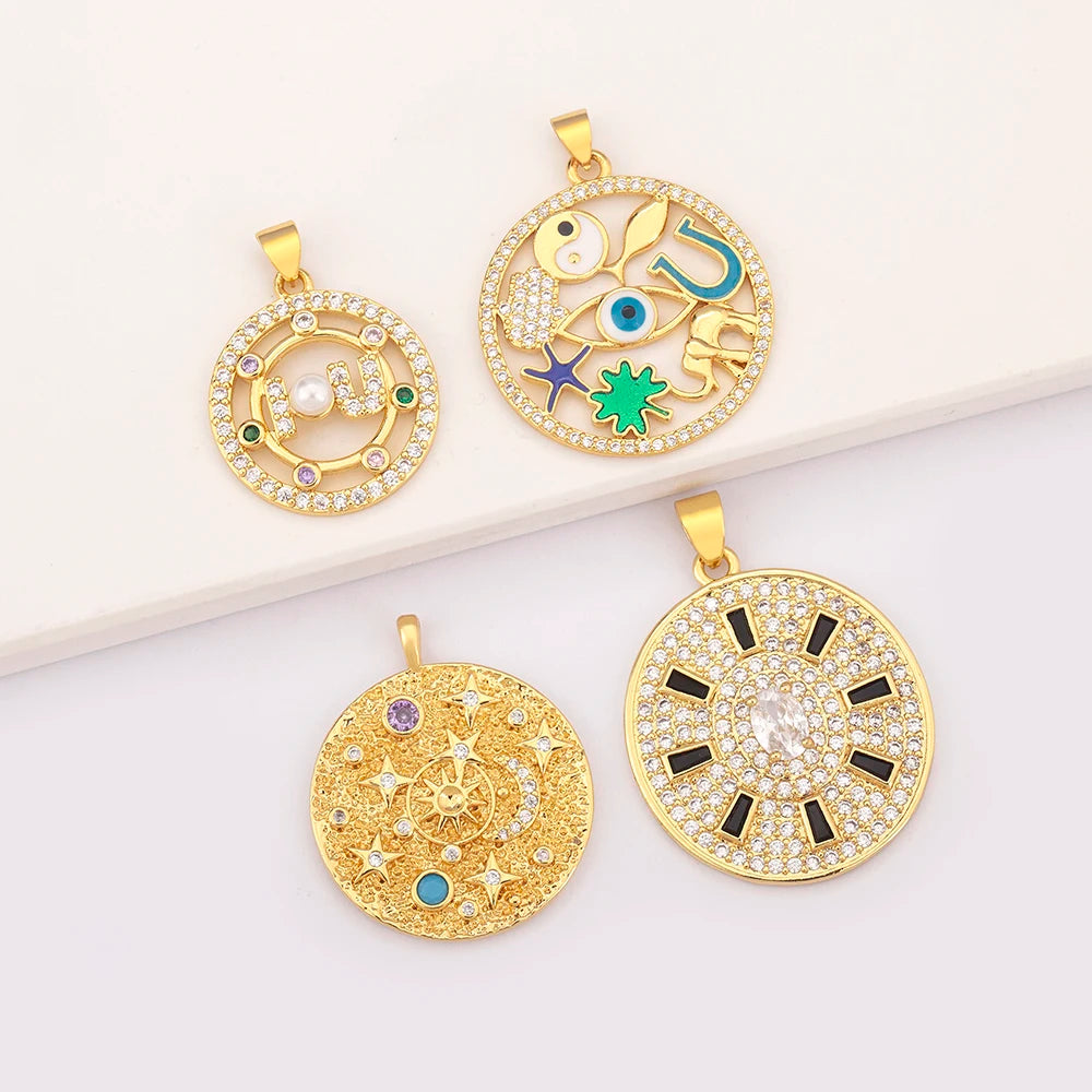 QIKU Bulk Cosmic Symbol Pendant Collection 18K Gold Plated Star Flower Eye Design for Jewelry Necklace Making