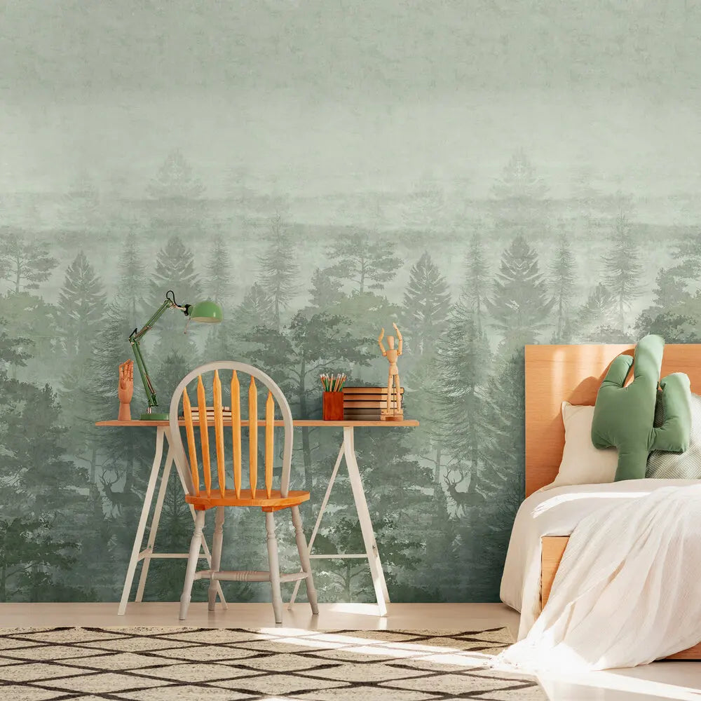 Germany Made Photo Wallpaper Murals for Kids' Bedroom & Gym Forest Green Grey Non Woven Sound-Absorbing Wall Mural 0.53x8.80m
