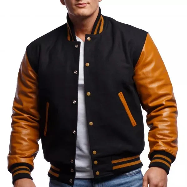 Black Custom Waterproof Breathable Anti-UV Varsity Jacket with Wool Body Front Logo College Baseball Bomber Letterman Coat