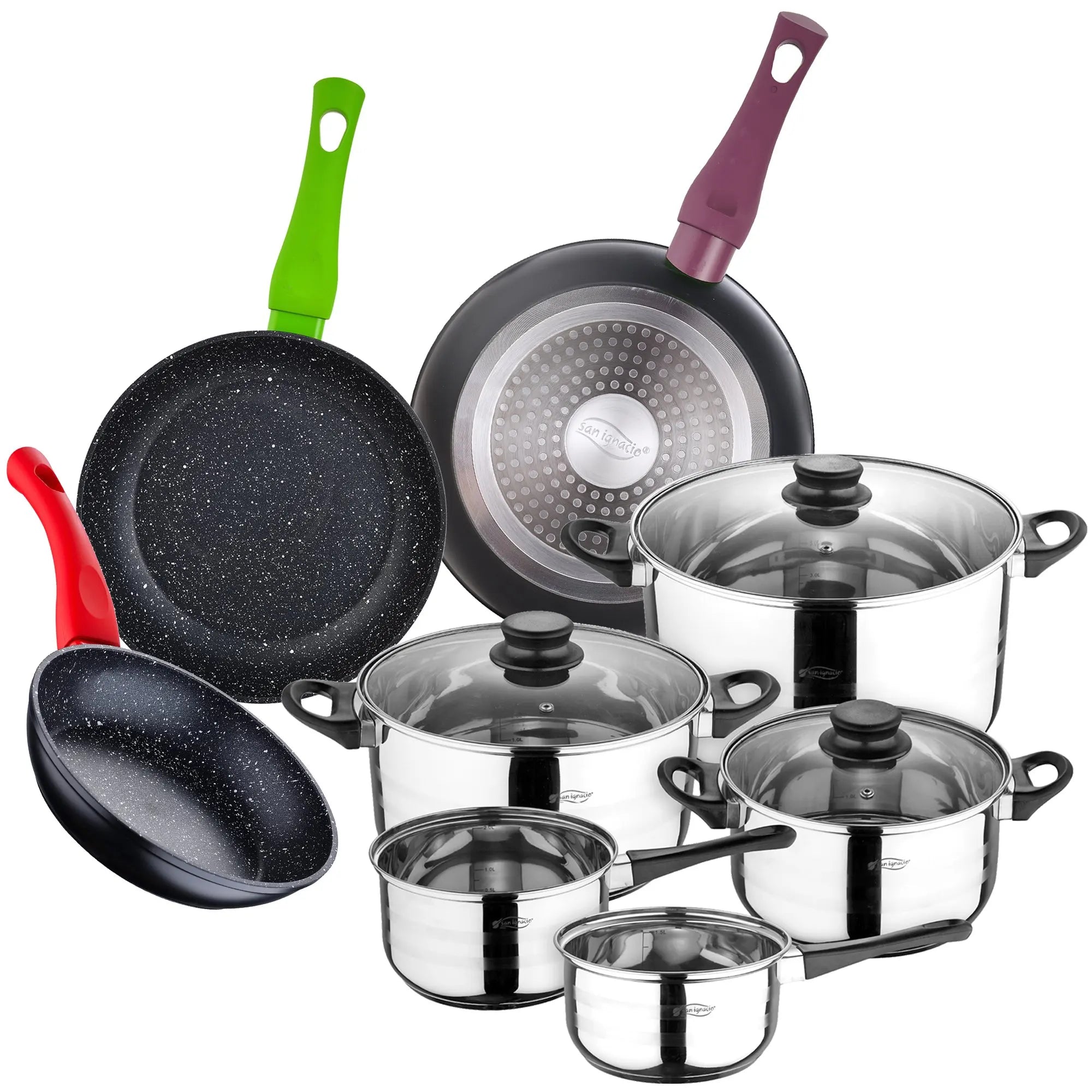 SAN IGNACIO 8-piece stainless steel cookware set with pressed aluminum frying pans (18 22 and 26 cm) from the Jolie collection