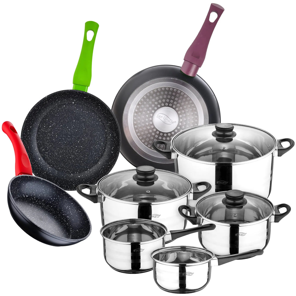 SAN IGNACIO 8-piece stainless steel cookware set with pressed aluminum frying pans (18 22 and 26 cm) from the Jolie collection