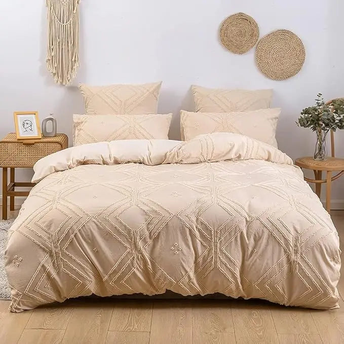 Duvet Cover Set 3 Pieces Embroidery Shabby Chic Home  Boho Textured Bedding Geometric Pattern Duvet Cover Sets