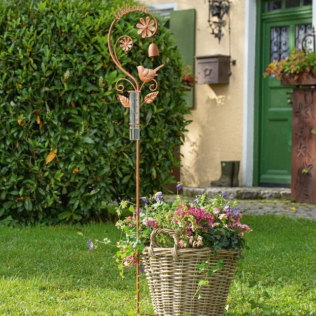 Rustic Metal Welcome Garden Stake with Bird Wind Chime and Rain Gauge Outdoor Yard Decoration