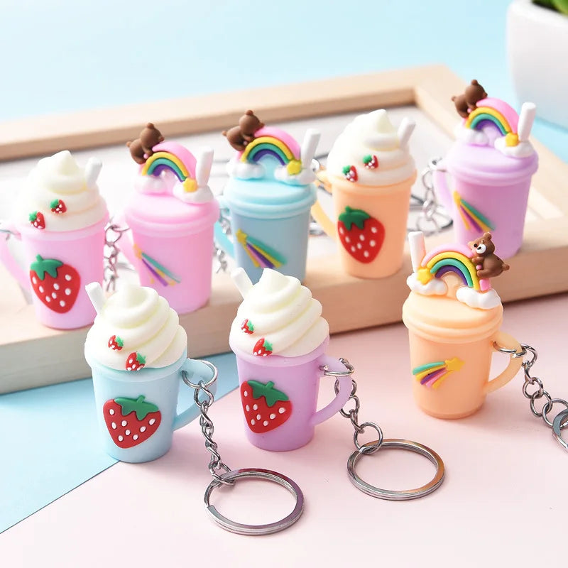 HOT Funny Cute 3D Fruits Ice Cream Milk Tea Key Chain Strawberry Pendant Key Ring Women Bag Boba rainbow Key Chains Charms