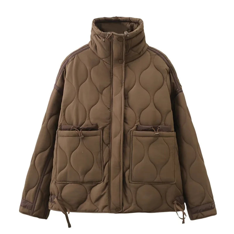 Women's New Loose High-Neck Lightweight Quilted Cotton Jacket - Contrast Color Casual Versatile for Autumn & Winter
