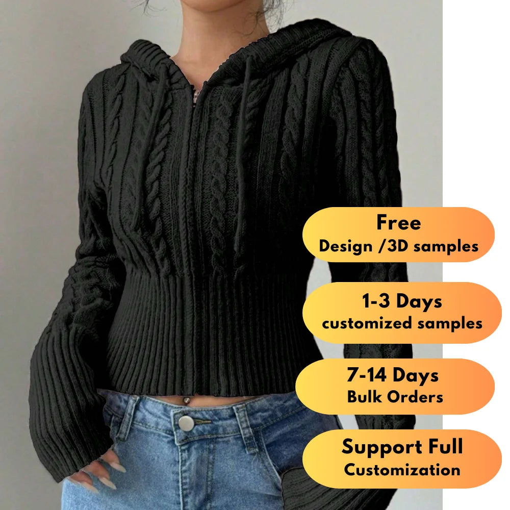 Fashion Fall Spring  Boutique Crochet Tops Long Sleeve Hood Short Knitted Sweater Coat Cardigan Sweater Women with Zipper