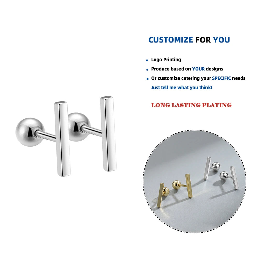 LE143 925 Sterling Silver Tiny Geometric Square Bar Minimalist Vintage Fashion Fine Jewelry Gold Plated Screw Back Earring Women