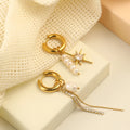 Dreamshow Fresh Water Pearl Huggies Drop Earrings Fashion Zircon North Star Gold Plated Jewelry Stainless Steel Earring