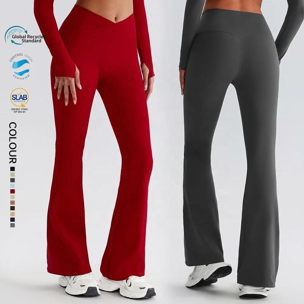 SHINBENE 32" Recycled Polyester Women Cross Waist Gym Flare Leggings Sustainable Workout Yoga Flare Pants