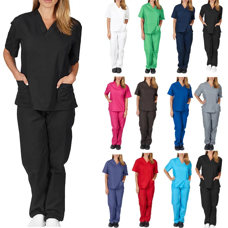 Oem Customized logo Design New Solid Color Pocket V-neck  Two-piece Suit Nursing Work Uniform Nursing Uniform