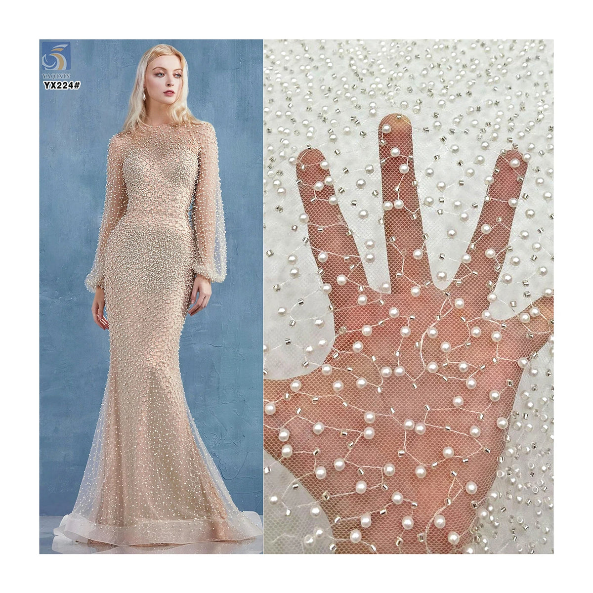 YX224 Custom Bridal Wedding Pearl Lace Fabric Handmade Embroidery Soft Bridal Lace Dress Pearl Beaded Tulle Fabric MegaBDM
