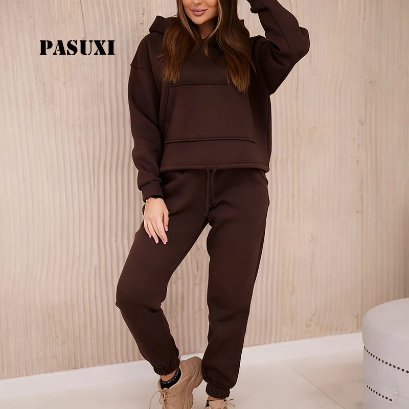 PASUXI Winter Streetwear Fleece Lined Hoodie Set Women Oversized Cozy Warm Two Piece Tracksuit Casual Jogger Set