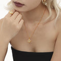 Eye of Magic Cube Zircon Pendant Collarbone Necklace Fashion Ring Set Titanium Steel Pvd Plated 18k Gold