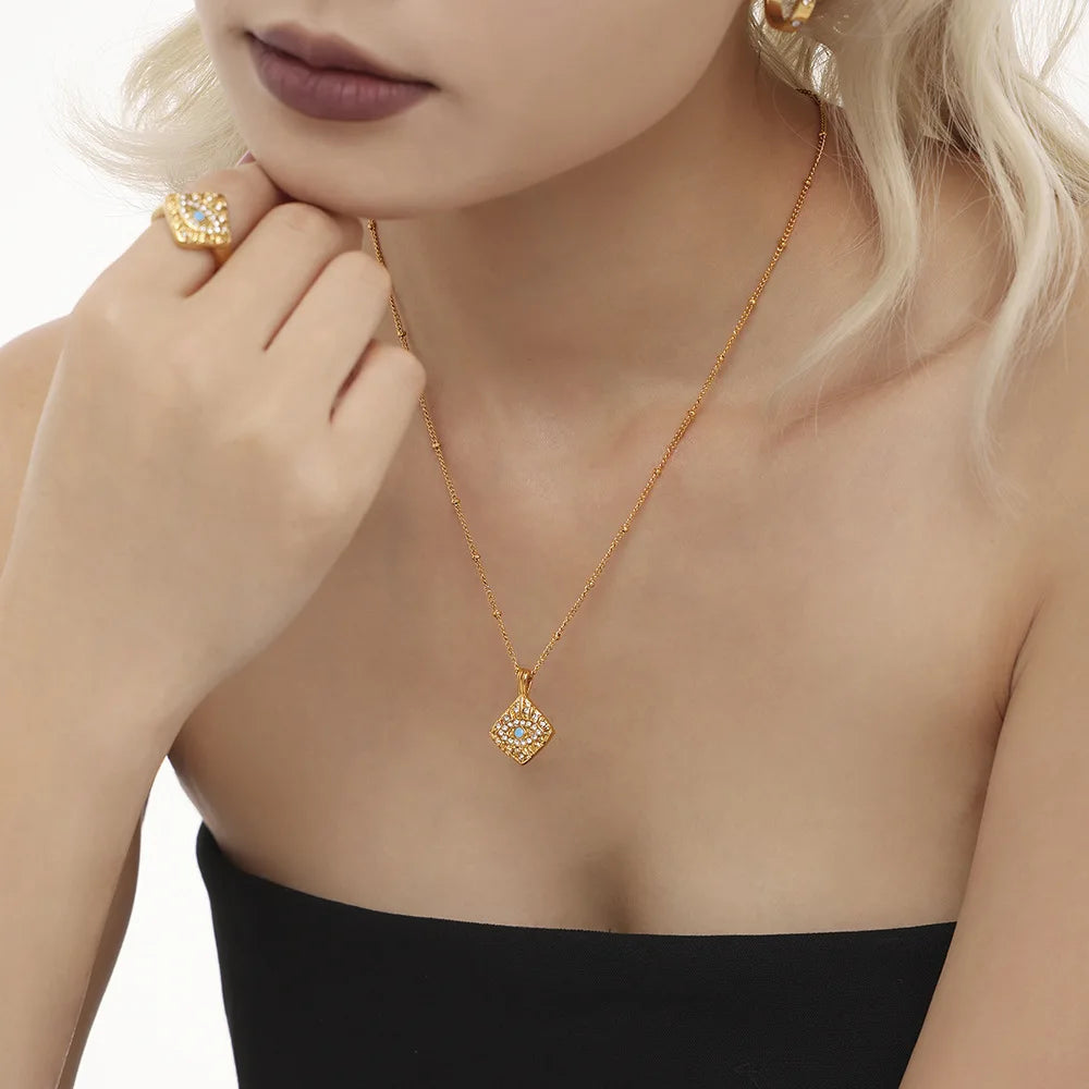 Eye of Magic Cube Zircon Pendant Collarbone Necklace Fashion Ring Set Titanium Steel Pvd Plated 18k Gold