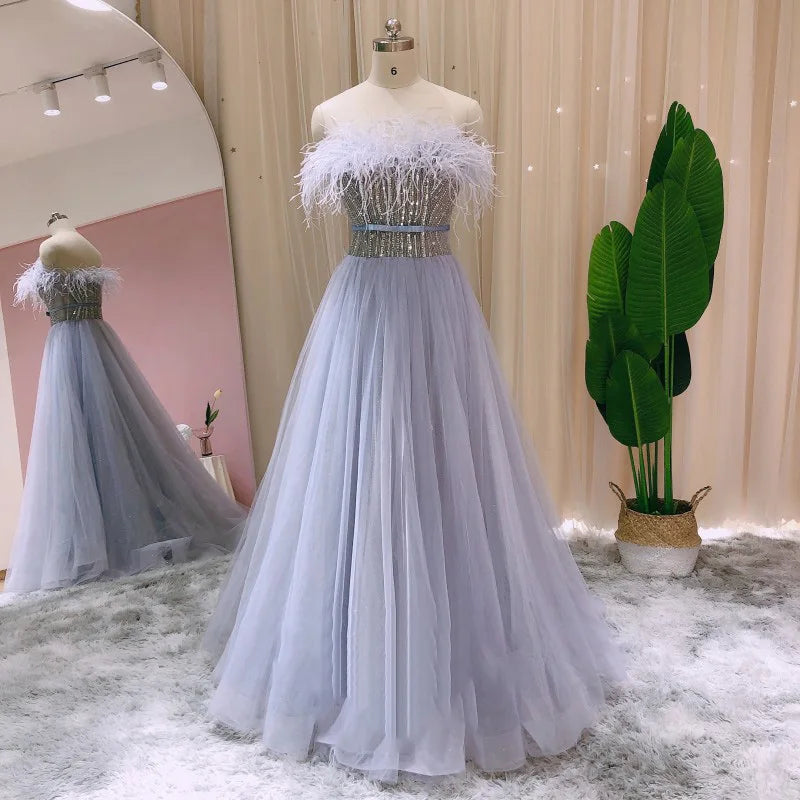 Jancember LSCZ68 Elegant Blue Feather Strapless As Floor Sleeveless Evening Dress