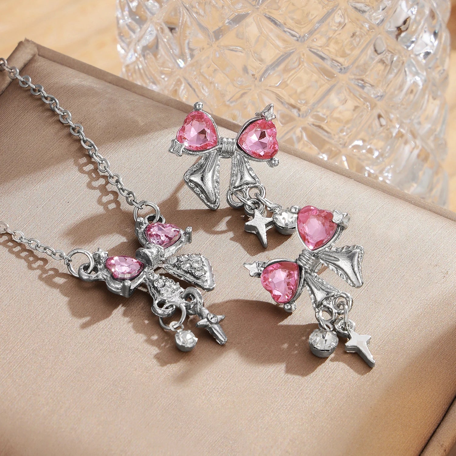 2Pcs/Set Pink Zircon Butterfly Earrings Necklace Set for Women Jewelry